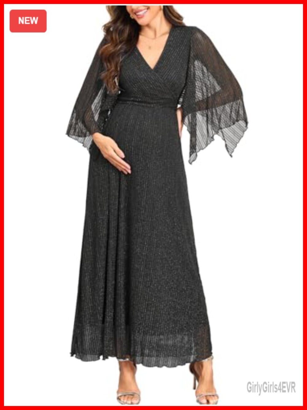 Sparkly Glitter Mesh Maternity Maxi Dress Handkerchief Sleeve V Neck